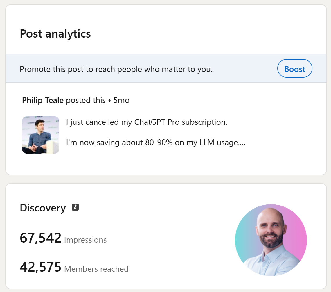 Philip Teale LinkedIn social proof — impressions and engagement for financial advisers