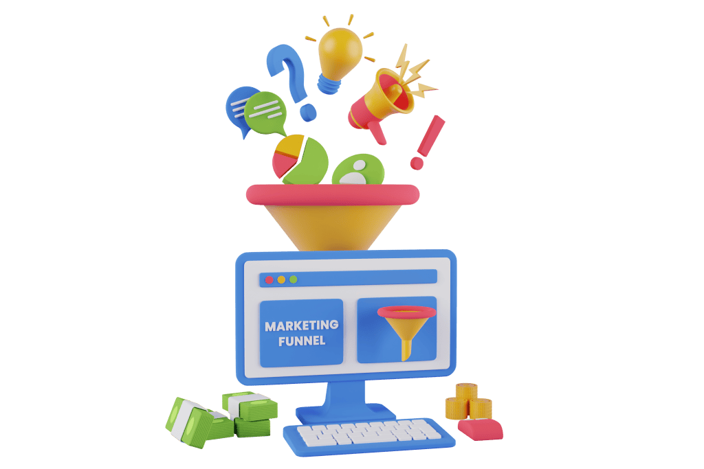 A 3D image of a quiz funnel, with megaphones etc