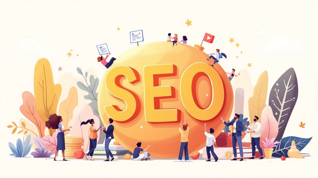 Circular arrangement of diverse characters representing AI and human expertise, collaborating on financial adviser SEO.