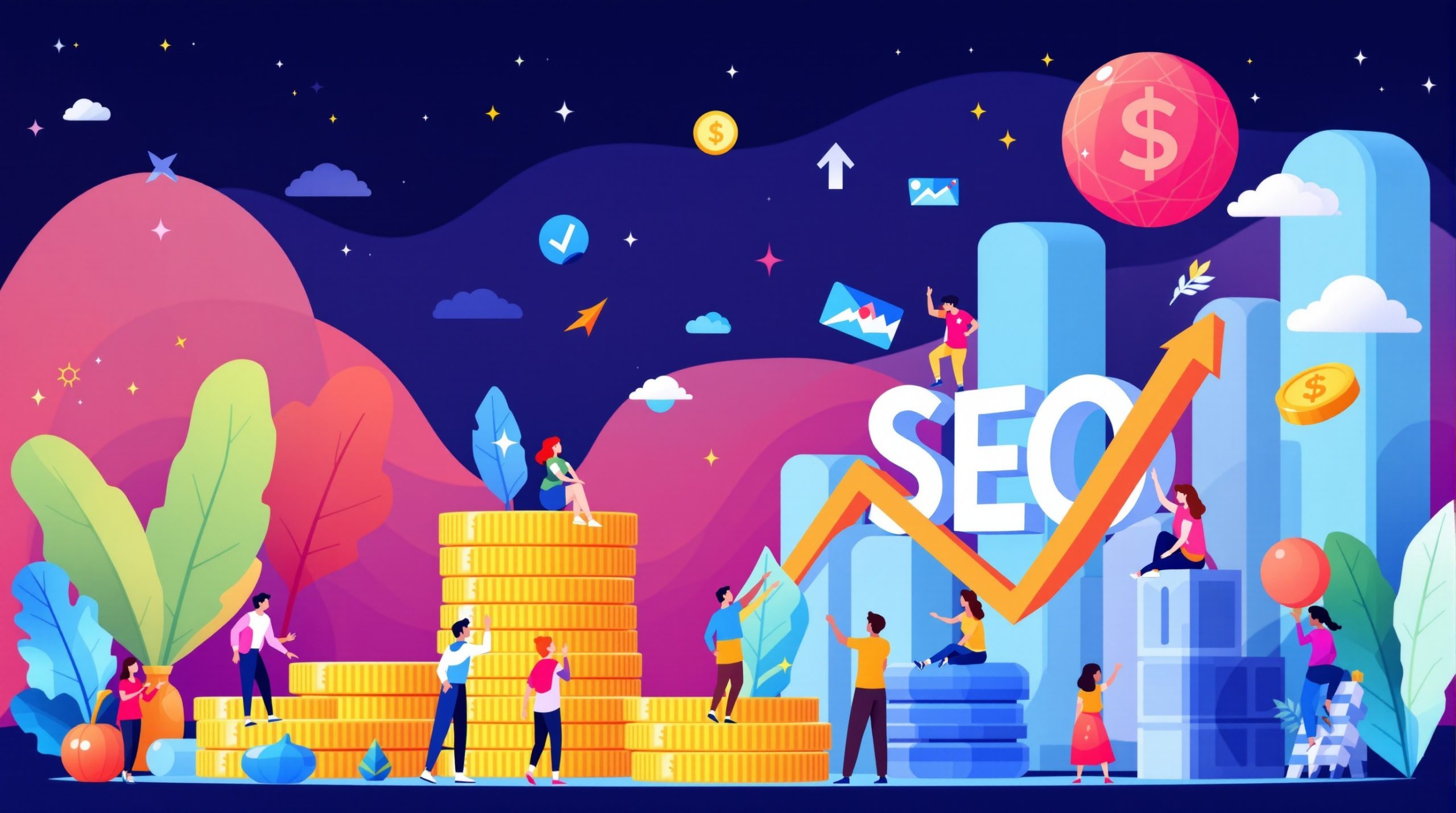 Vibrant multi-color character representing AI-powered, human-finished financial services SEO