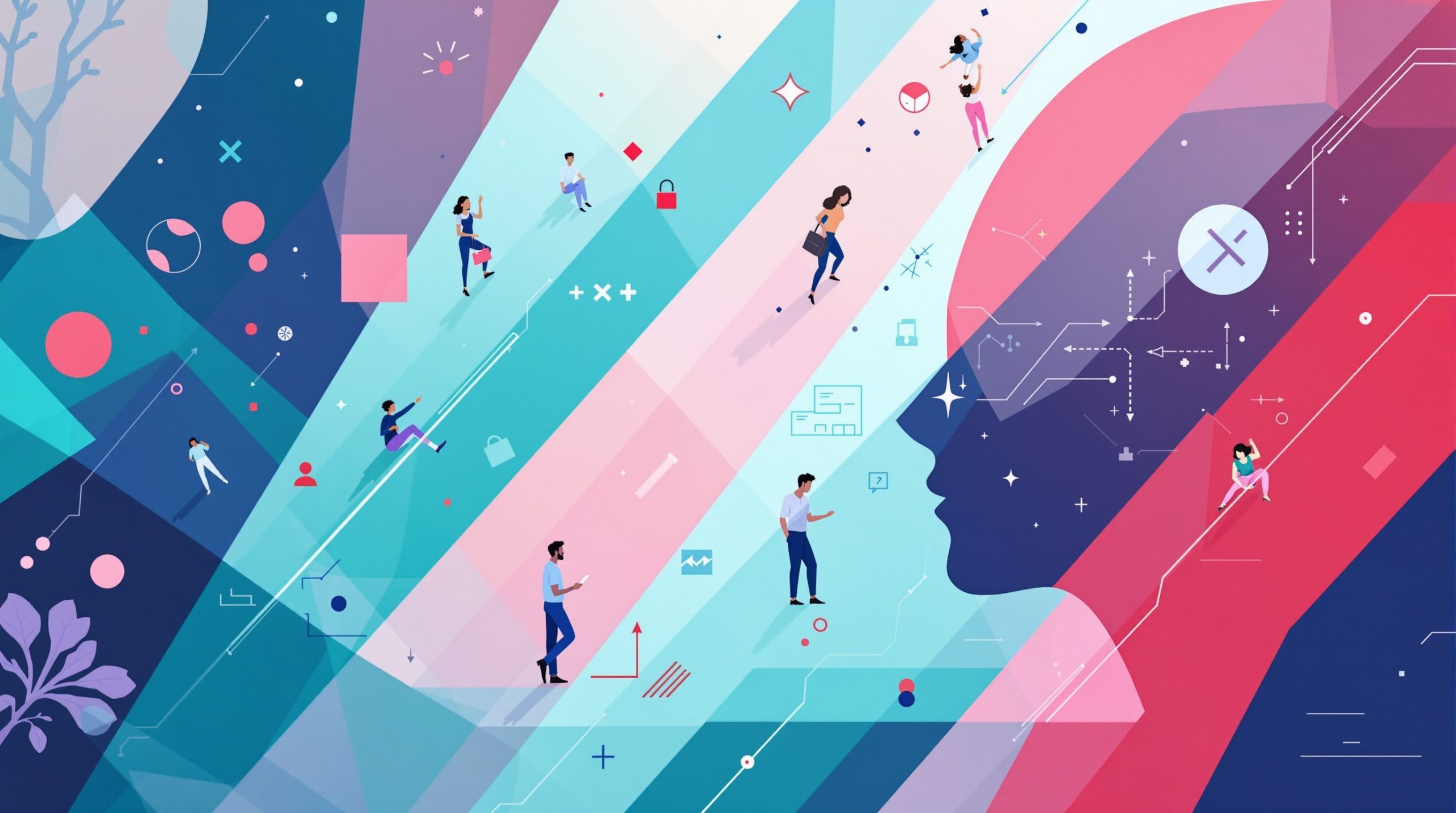 Abstract teal and coral geometric design symbolizing AI efficiency for financial adviser CRM updates.