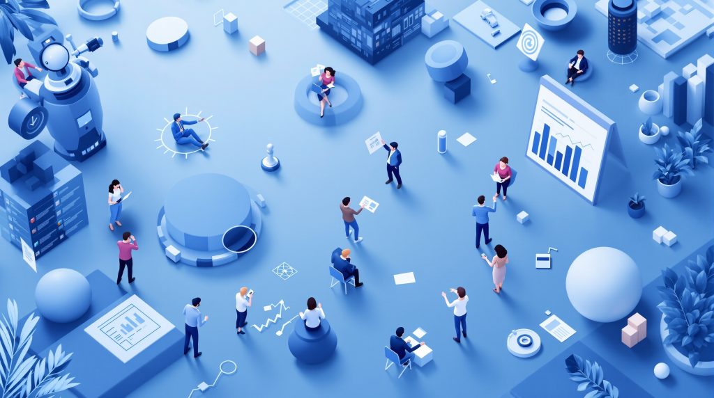 A monochrome blue, character-focused flat lay illustration depicting AI automating compliance reporting for financial advisers.