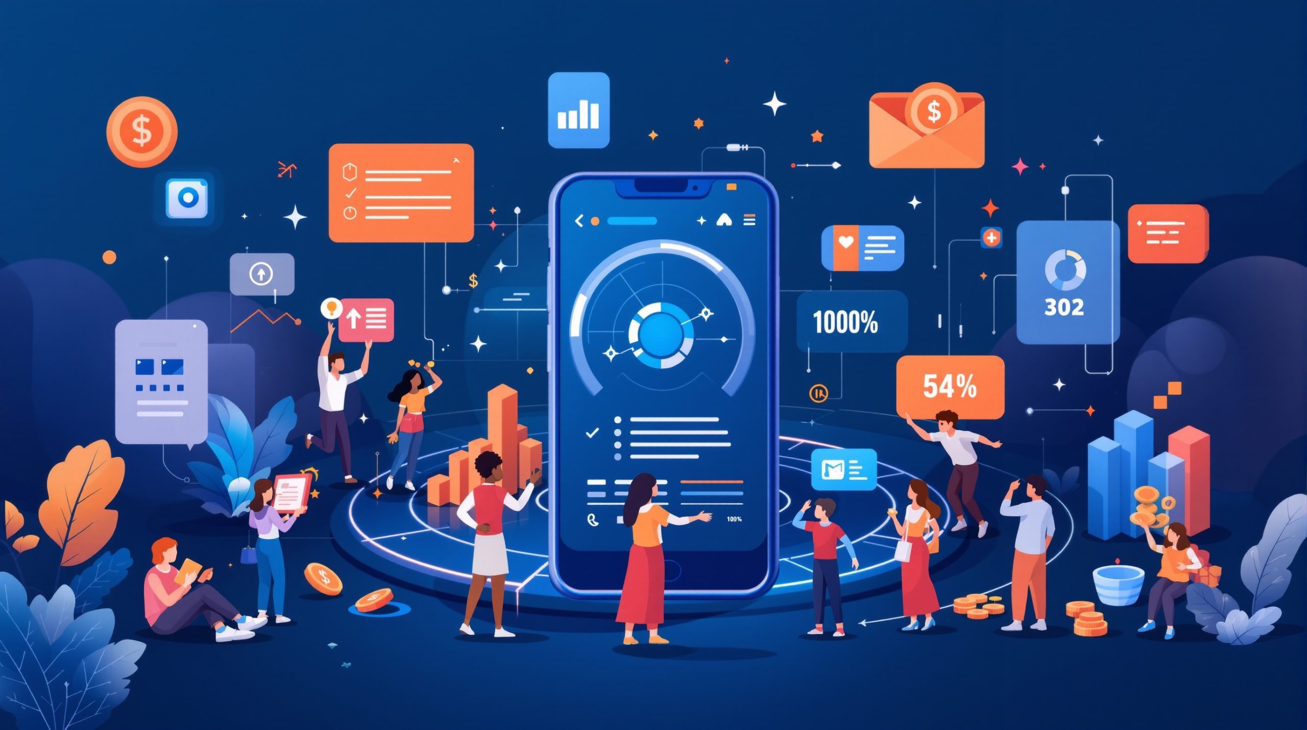 Navy and orange device mockup displaying AI tools for financial advisers.